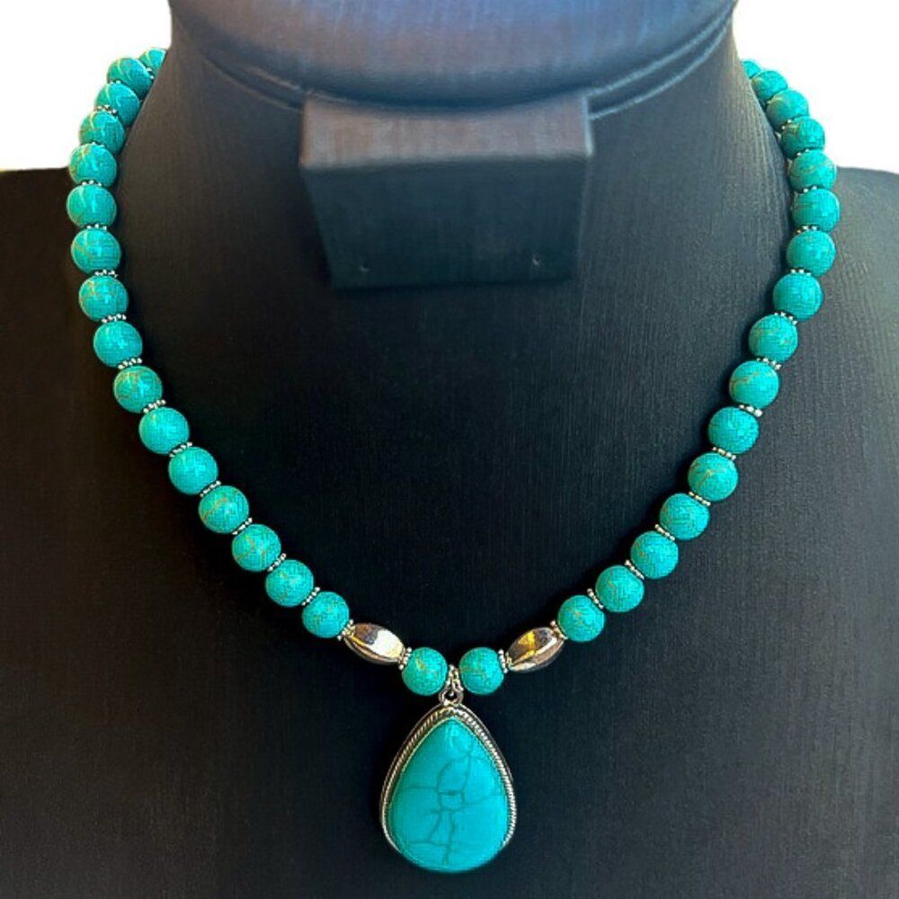 Turquoise Beaded Necklace with Silver Accents 18.5" - 21"